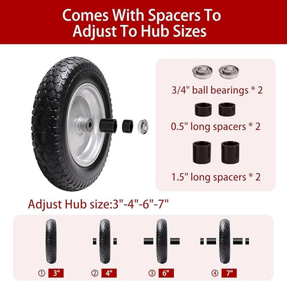 14.5" Wheelbarrow Tire, 3.50-8" Flat-free Solid Tire and Wheel with 3" -7" Centered Hub and 5/8" & 3/4"Bearings for Wheelbarrow Trolley Dolly Lawn Mover Go Kart Replacement (2-Pack)