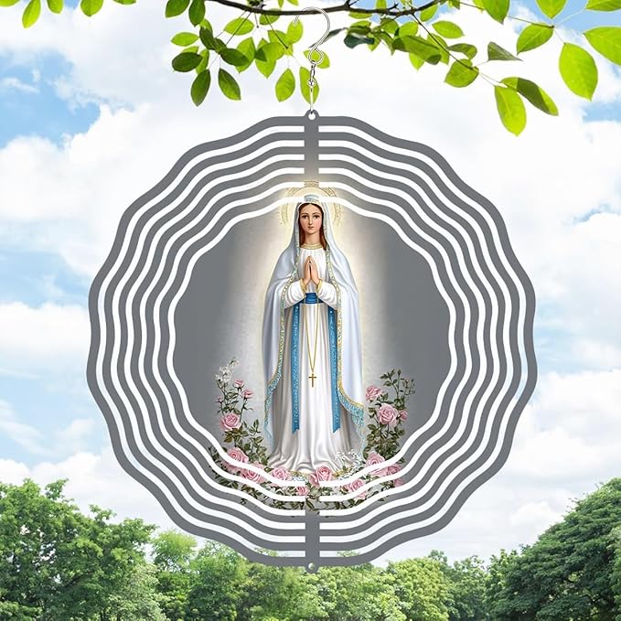Virgin Mary Prayer Wind Spinner, Metal Wind Spinners Outdoor Indoor, Virgin Mary Cross Hanging Garden Decor for Outside, Stainless Wind Spinners for Yard and Garden 10 inch 3D (25.76X25 CM)