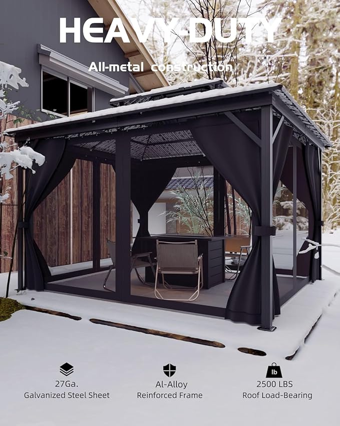 GAOMON Hardtop Gazebo 10'x12' for All Weather, with Double Metal Roof, Aluminum Alloy Frame, Net, and Curtain, Permanent Building of Backyard Luxury for Patio, Deck, Backyard, Lawn, and Garden, Gray