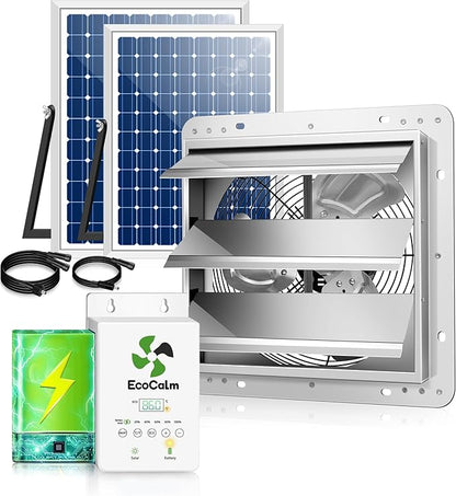 10" Solar Exhaust Fan for Greenhouse with Battery and Adjustable Thermostat, Attic Fans for Garage and Shed with 2PCS 15W Bifacial Solar Panels