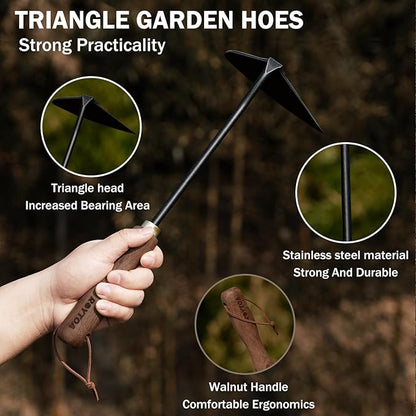Triangle Hand Hoe, Heavy Duty Stainless Steel Weed Puller and Weed Remover Gardening Tool with Walnut Handle for Weeding, Soil Loosening and Cultivating