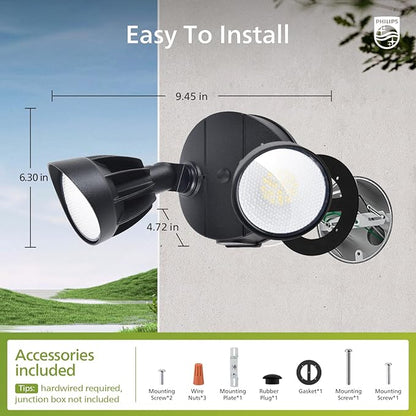 Philips Dusk to Dawn 44W 3500LM LED Security Flood Lights Outdoor, 5000K Daylight, Wet Location, Dual Adjustable Heads Aluminum Wall Light for Yard Garage Porch