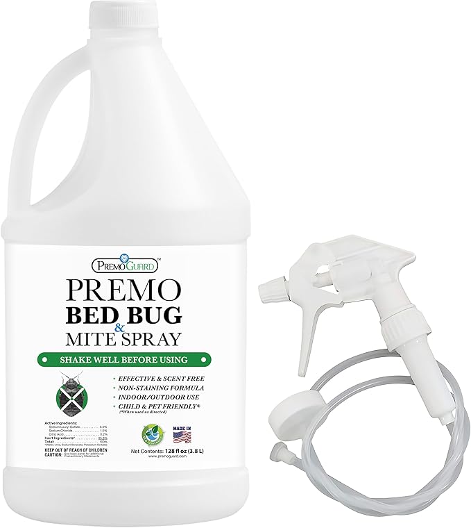 Premo Guard Bed Bug Killer Spray 128 oz - University Tested 100% Kill Rate - Natural Non Toxic, Stain & Scent Free - Kill Bedbugs & Mites On Bed & Blankets, Furniture, Clothing - Child & Pet Safe