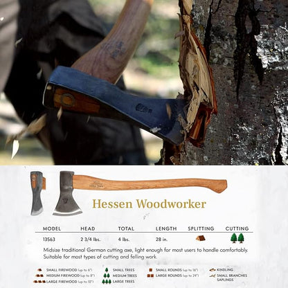 1844 Helko Werk Germany Traditional Hessen Woodworker Axe - Made in Germany Hand Forged Felling Axe and Cutting Axe, Forest Axe for Felling Tree - Head 2-3/4 lbs, Handle 28 in. (Hessen) #13563