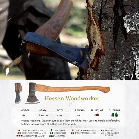 1844 Helko Werk Germany Traditional Hessen Woodworker Axe - Made in Germany Hand Forged Felling Axe and Cutting Axe, Forest Axe for Felling Tree - Head 2-3/4 lbs, Handle 28 in. (Hessen) #13563