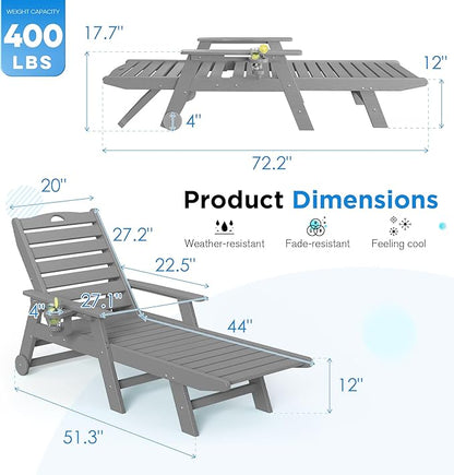 nalone Chaise Lounge Set of 2 Outdoor with 5-Position Adjustable Backrest, HDPE Lounge Chair for Outside Supports Up to 400 LBS, Pool Lounge Chairs for Patio Poolside Deck Beach Backyard (Grey)