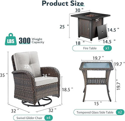 7 Piece Patio Furniture Set with Fire Pit Table - Wicker Patio Conversation Set with 4 Swivel Glider Chairs and 2 Tempered Glass Side Tables for Deck Backyard - Brown Wicker Beige Cushion