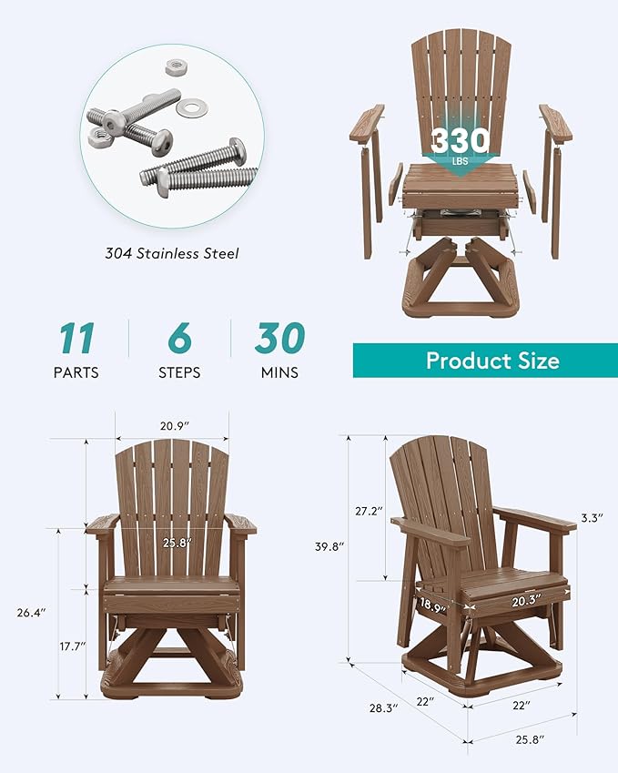 SERWALL Adirondack Swivel Glider, HDPE Swivel Glider for Outdoor, All-Weather Glider Rocking Chair for Porch, Balcony, Brown