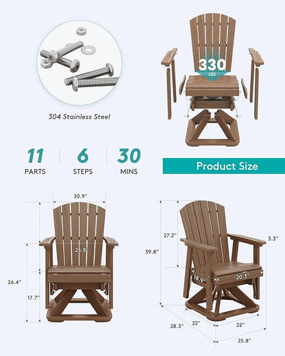 SERWALL Adirondack Swivel Glider, HDPE Swivel Glider for Outdoor, All-Weather Glider Rocking Chair for Porch, Balcony, Brown