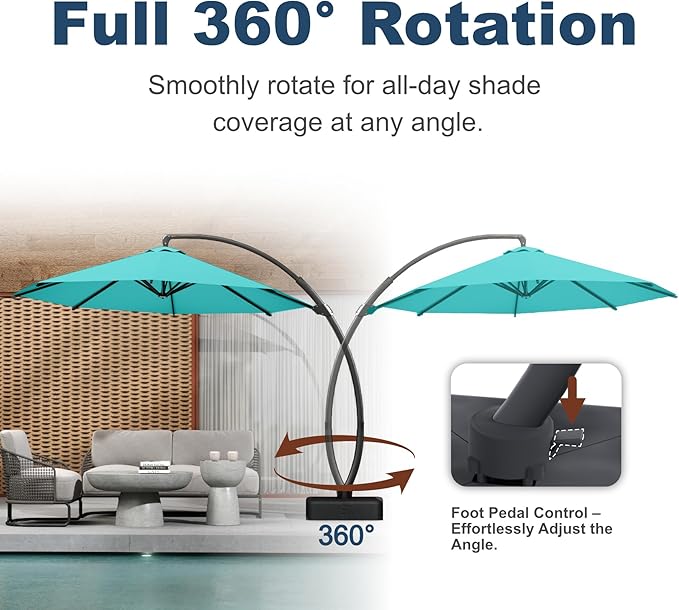 12FT Cantilever Umbrella with Base Large Curvy Outdoor Aluminum Offset Umbrella w/ 360° Rotation, UV Resistant Canopy for Patio, Garden, Backyard, Turquoise Blue