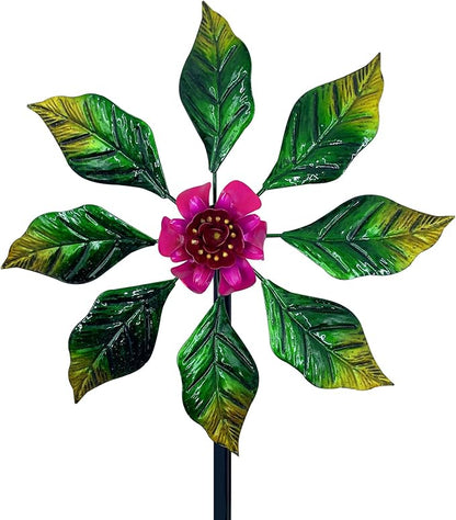Solar Glow Garden Wind Spinner Outdoor, 13" W Flower Metal Wind Spinner & Sculptures with Fluorescent Coating, Kinetic Windmill for Yard Lawn Patio Decor