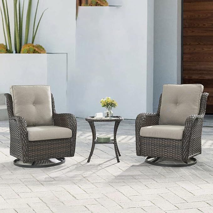 Outdoor Patio Swivel Rocker Chairs - 3 Piece Patio Bistro Set, Wicker Patio Furniture Set with 2 Swivel Rocking Chairs and 1 Glass Top Side Table for Deck Porch Garden, Brown/Grey