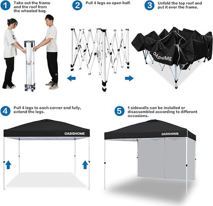 OASISHOME Pop-up Portable Outdoor Canopy Tent 10'x10' Instant Gazebo, with 1 Sidewall, Carry Bag, Stakes, Ropes, for Outdoor/Beach/Patio/Wedding Parties and Commercial Events (10FTx10FT, Black)