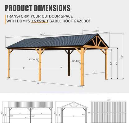 Domi 12' X 20' Hardtop Gazebo with Galvanized Steel Gable Roof and Wood Grain Aluminum Frame, Outdoor Permanent Gazebo Pavilion for Patio, Garden, Deck, Backyard