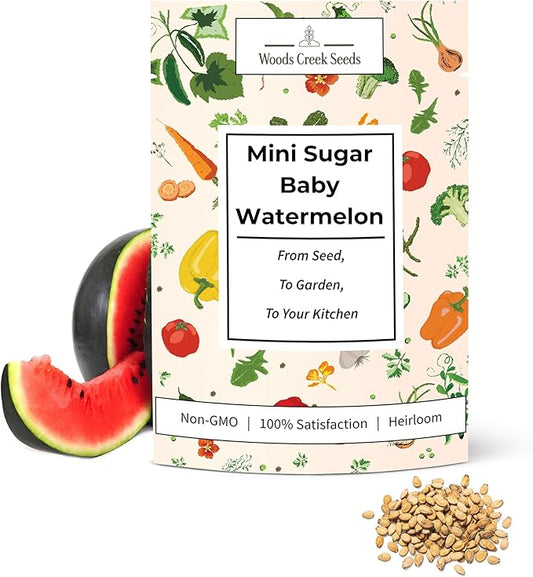 Woods Creek Seeds: Sugar Baby Watermelon Seeds for Planting - Over 90 Heirloom Watermelon Seed Pack - Non-GMO Fruit Seeds for Planting Home Garden or Outdoors - Mini Watermelon Seeds for Gardeners