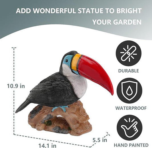 Elenon Toucan on Stump Garden Statue Decorative, Adorable Flower Bed 11 inch High Lifelike Bird Animal Outdoor Decor, Funny Yard Patio Art Sculptures Table Ornament, Red Mouth