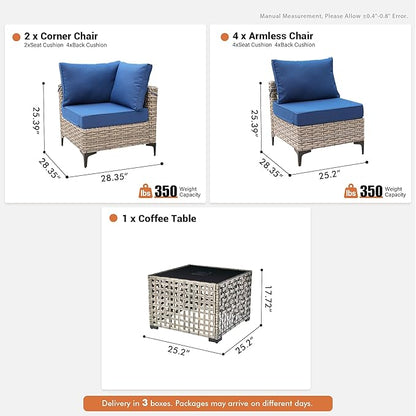 Outdoor Sectional Patio Furniture Set with Glowing Table,7 Pieces Wicker Conversation Sets L Shaped Couch Out Door Sofa Set Outside Furniture for Garden Deck Yard Porch,Navy Blue