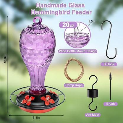 Hand Blown Glass Hummingbird Feeder for Outdoors Hanging with Ant Moat, Never Fade, 20 Ounces, Leak-Proof‌, Garden Backyard Decor for Bird Watching, for Mom Dad, Purple