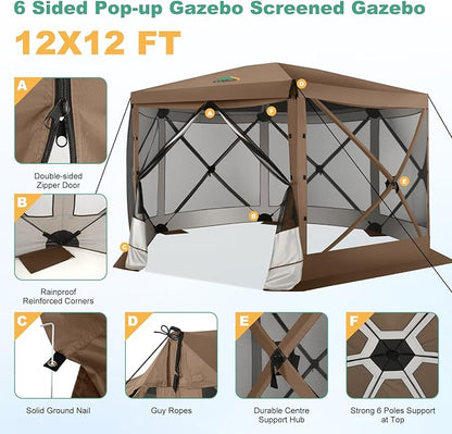 COBIZI 12x12 Pop up Gazebo Screen House Tent for Camping, Outdoor Canopy with Removable Roof&Mosquito Netting, Portable Hub with Carrying Bag and Ground Stakes, Brown