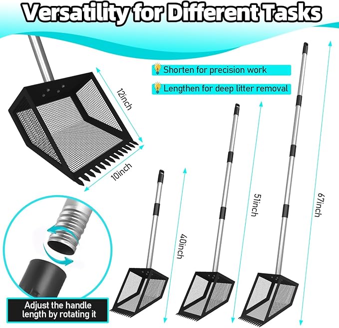 Chicken Poop Scooper for Coops Small Farm Animals with Fine Sieve Coop Rake 2-in-1 Scoop 24" to 67" Adjustable Stainless Steel Handle Durable Sand Sifting Litter Shovel for Animal Sheds Garbage