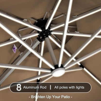 PURPLE LEAF 10ft Solar powered LED Patio Umbrella Outdoor Round Umbrellas Large Cantilever Umbrella with LED lights Windproof Offset Umbrellas Heavy Duty for Garden Deck Pool Patio, Beige
