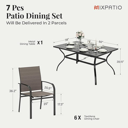 Patio Table and Chairs Set, Patio Dining Set for 6 with Brown Chairs and Metal Rectangular Table for Deck Backyard Lawn Poolside