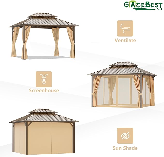 10'x12' Hardtop Gazebo Outdoor Aluminum Patio Gazebo Double Roof Galvanized Steel Canopy with Netting and Curtains for Garden, Backyard,Deck and Lawns