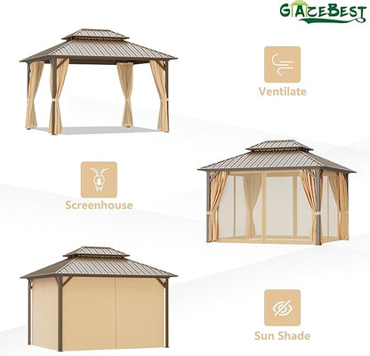 10'x12' Hardtop Gazebo Outdoor Aluminum Patio Gazebo Double Roof Galvanized Steel Canopy with Netting and Curtains for Garden, Backyard,Deck and Lawns