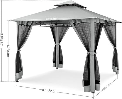 COBIZI Gazebo 10x10 Heavy Duty Gazebos with Improved Nettings Outdoor Gazebo Double Roof Patio Gazebos with Metal Steel Frame Outdoor Canopy for Patio, Deck, Backyard (Gray)