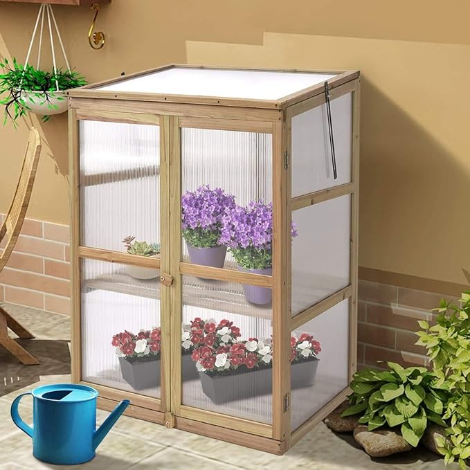 Moccha Greenhouse Wooden Cold Frame, Portable Garden Flower Planter with Removable Shelf and Hinges, Raised Cold Frame with Foldable Top and Side Doors for Outdoor, Porch, Backyard, Balcony