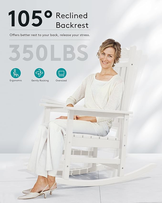 SERWALL Oversized Rocking Chair Set of 4 Outdoor, HDPE Outdoor Rocking Chair Set of 4, White