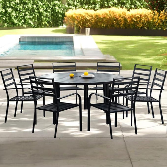 Patio Dining Chairs Set of 8, Metal Outdoor Chair, Black Stackable Dining Chairs, Wrought Iron Patio Chairs with Wide Back & Armrest, Support 300 LBS