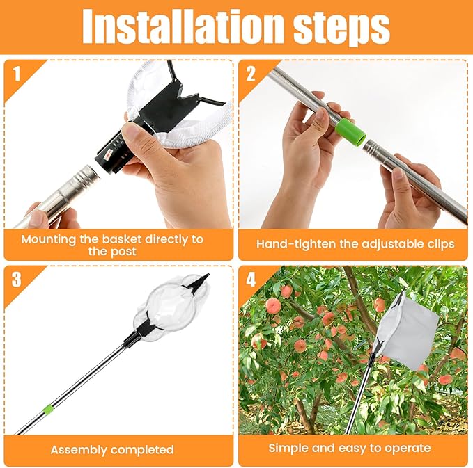 Fruit Picker Pole 5 FT Adjustable Pole with Soft Bag Fruit Catcher Equipment Tree Picker with Fruit Storage Bag for Apples Mango Pear Orange Avocados Fruit Picking(1.6 m/5.25ft)