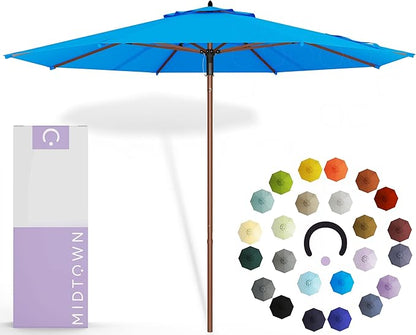 Midtown Umbrellas The Wooden 10 Feet Patio Umbrella With Terylast Cobalt (Blue) Polyester Fabric - Aluminum Frame Market Umbrella For Backyard, Deck, Garden, Pool - Wooden Pole