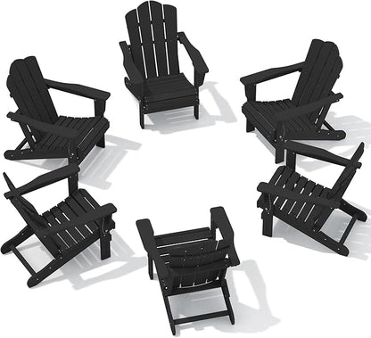 KINGYES Folding Adirondack Chair Set of 6, HDPE All-Weather Patio Chairs, Wooden Textured Lawn Chair for Poolside, Backyard, Deck, Fire Pit, Black