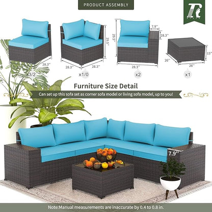 Outdoor Patio Furniture Set, 6 Pieces Outdoor Furniture All Weather Patio Sectional Sofas PE Wicker Modular Conversation Sets with Coffee Table,5 Chairs & Seat Clips Turquoise Blue.