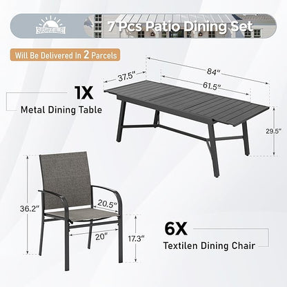 Outdoor Dining Chairs Brown Set of 6,61.4x37.4x29.5” Rectangular Dining Table（Extendable）,Patio Dining Set 7 PCS,Patio Dining Set for Outdoor Kitchen Lawn Garden,Bistro,Deck.