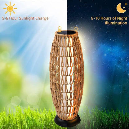 Solar Yard 2-Pack 29" Outdoor Solar-Powered Woven Wicker Boho Lantern Floor Lamp, Decoration for Deck Garden, Pathway, Oslo Natural
