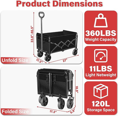 Collapsible Folding Utility Wagon Cart with Wheels, 360 Lbs Heavy Duty Outdoor Foldable Wagon with Adjustable Handle, 2 Drink Holders, Portable Wagon for Groceries, Garden, Beach, Camping, Shopping