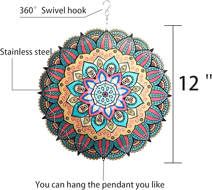 Wind Spinner Yard Art Garden Decor Mandala 3D Stainless Steel Metal Sculptures Kinetic Hanging Whirligigs Decorations Backyard Outside Indoor Outdoor Patio Ornaments Clearance Sun Catcher Windmill