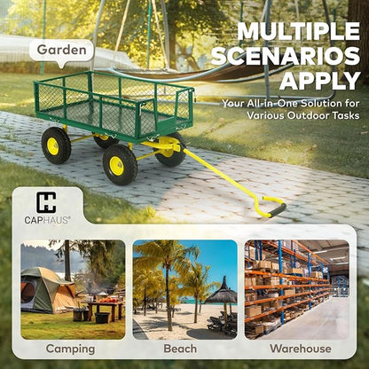 CAPHAUS Metal Black Garden Cart, w/ 180° Adjustable Yellow Handle, w/Mat and Strap, Heavy Duty 880 lbs Capacity, w/ 10” Flat-Free Tires, Sides Removable, Utility Wagon, Lawn Cart, for Garden, Yard
