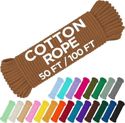 TECEUM Cotton Rope 3/16” (5 mm) – 50 FT – Strong All-Purpose Braided Rope – Natural Cotton – for Crafting, Сamping, Clothes Line, DIY, Indoor & Outdoor Use – Ochre
