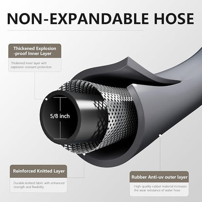 Garden Hose 5/8" x 25ft - Heavy Duty Rubber Water Hose 600 PSI Burst Pressure, No Kink & Durable Flexible Hose for Yard, Car Wash, Pets Gray