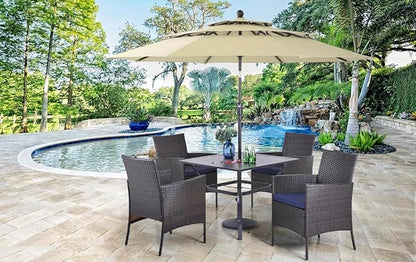 PHI VILLA 5 Piece Patio Dining Set for 4, 37" Square Metal Dining Table with Umbrella Hole & 4 Cushioned Rattan Chairs for Outdoor, Deck, Yard, Porch