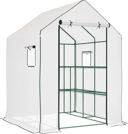Outsunny 4.6' x 4.7' Portable Greenhouse, Water/UV Resistant Walk-in Small Outdoor Green House with 2 Tier U-Shaped Flower Rack Shelves, Roll Up Door & Windows, White