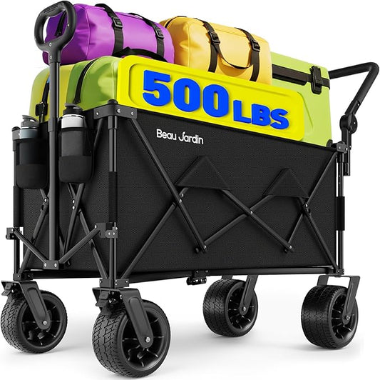 BEAU JARDIN Folding Push & Pull Beach Wagon 500 lbs Collapsible Foldable Wagons with Push Handle All Terrain Wheels Grocery Utility Camping Sports Garden Wagon Cart Black
