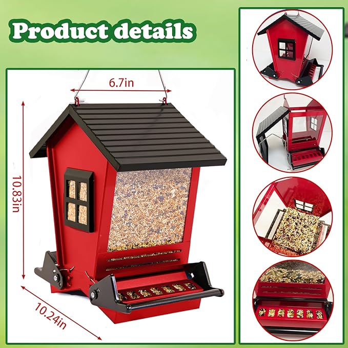 LSCQYYCCSquirrel Proof Bird Feeders for Outdoors Hanging, 5LB Capacity Metal Wild Birdfeeders Outside Hanging,Large Feeder That Attracts Cardinals, Chickadees, and More Birds-One in red ﻿