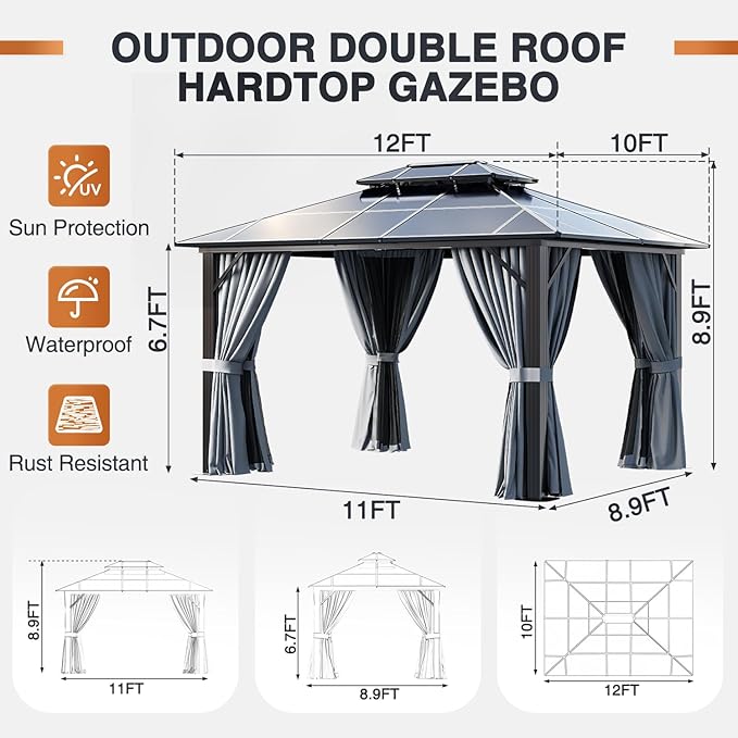 12 Ft. W X 10 Ft. D Aluminum Patio Hardtop Gazebo