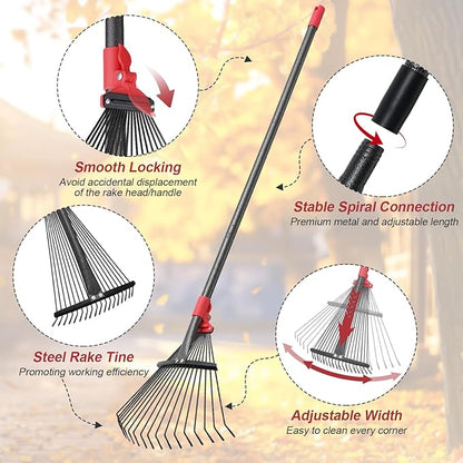 Garden Rake for Leaves: 55 Inch Adjustable Long Handle 18 Metal Tines with 8-17" Expandable Head Heavy Duty Metal Rake for Lawns Leaves Yard Grass Camping Debris