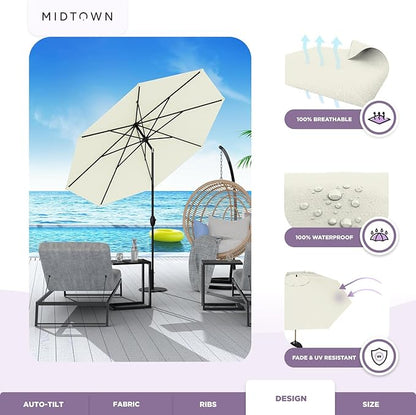 Midtown Umbrellas Sunbrella Umbrella 8 Feet Outdoor Umbrella With Sunbrella Canvas Natural Acrylic Fabric - Auto-Tilt Aluminum Frame Patio Umbrella For Backyard, Deck, Garden, Pool - Black Pole